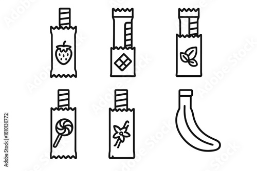 Flavored Straw Icons. Line style icons of flavored straw packaging: strawberry straw, chocolate straw, mint straw, matcha straw,