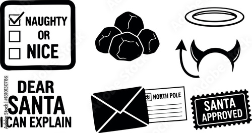 Naughty or nice checklist with santa letter envelope and devil horns vector illustration