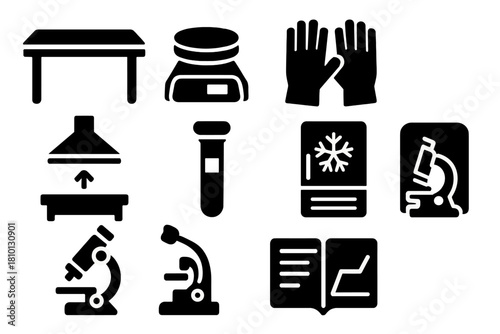 Clean Meat Lab Essentials. Solid style icons of clean meat laboratory: stainless lab table, precision scale, protective gloves.