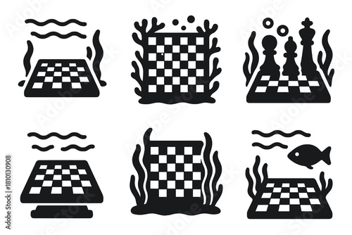 Underwater Chess Icons. Solid style icons of chessboard in aquatic setting: grid on seafloor, coral-bordered board, bubble marker