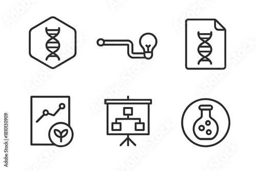 Synthetic Biology Icons. Line style icons of synthetic biology startups: biotech startup badge, innovation pipeline icon,