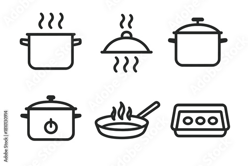 Cooking Method Icons. Line style icons of cooking methods: boiling pot, steaming lid, pressure cooker icon, slow cooker dial, pan
