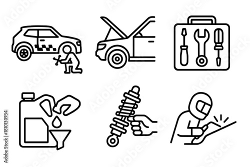 Rally Car Maintenance Icons. Line style icons of rally vehicle maintenance: tire change scene, engine hood open, tool kit, oil