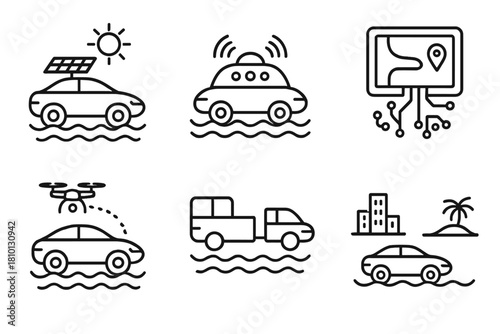 Amphibious Car Innovations. Line style icons of amphibious car future ideas: solar amphibious car, autonomous float vehicle,