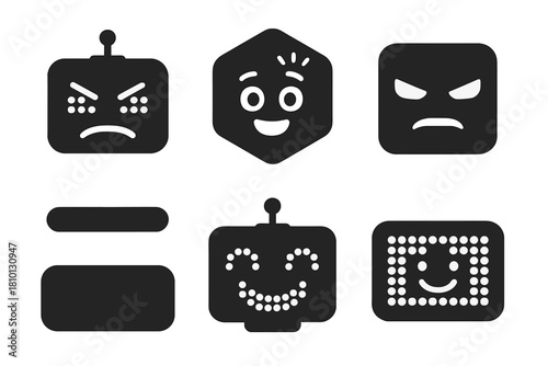 Robot Emotion Icons. Solid style icons of robot expression panels: emotive LED eyes, reaction display badge, animated faceplate