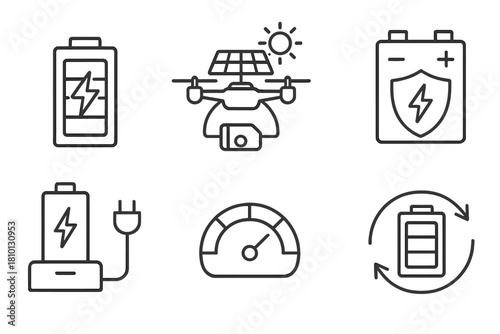 Drone Battery Icons. Line style icons of drone battery and energy systems: power cell module, solar-powered drone, emergency