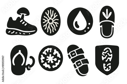 Biodegradable Footwear Icons. Solid style icons of fungus footwear: myco-sneaker icon, hyphae sole badge, spore print grip panel.