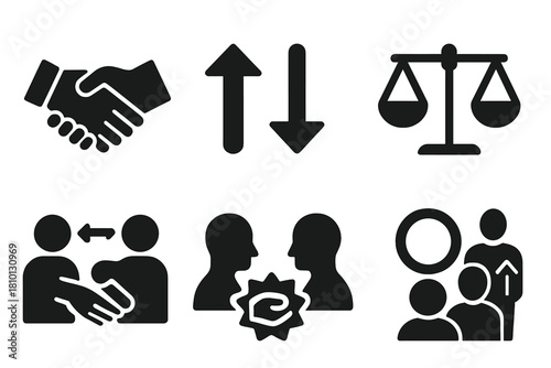 Mutual Respect Icons. Solid style icons of mutual respect symbols: handshake of equals icon, upward-downward arrows, trust balance