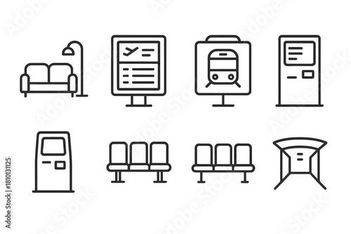 Station Interior Icons. Line style icons of station interiors: waiting lounge area, digital departure board, pod arrival screen,