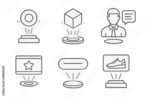Holographic Branding Icons. Line style icons of branding with holograms: logo beam display, product reveal in light, CEO avatar