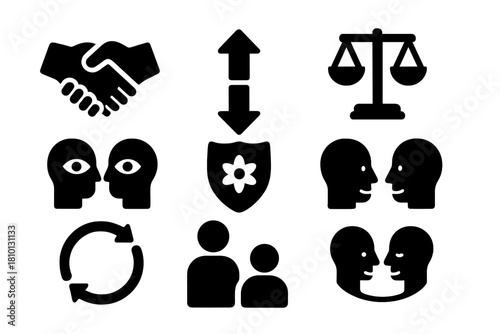 Mutual Respect Icons. Solid style icons of mutual respect symbols: handshake of equals icon, upward-downward arrows, trust balance