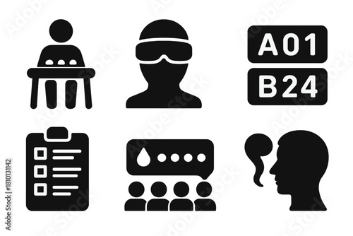 Taste Testing Icons. Solid style icons of taste testing panels: panelist at table, blindfold icon, sample codes. Rating board,