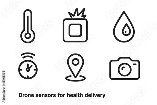 Drone Sensor Icons. Line style icons of drone sensors for health delivery: temperature monitor, shock detector, humidity sensor,