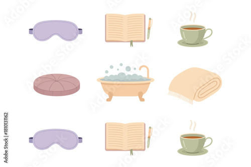 Self care relaxation icons, sleep mask, open book, tea cup, scented candle, spa bathtub, towel, peaceful home vector
