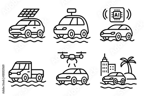 Amphibious Car Innovations. Line style icons of amphibious car future ideas: solar amphibious car, autonomous float vehicle,