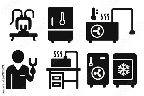 Magnetic Refrigeration Icons. Solid style icons of laboratory magnetic refrigeration setups: test rig with coil and core, lab