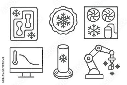 Cryo-Manufacturing Icons. Line style icons of cryo-manufacturing: frozen mold icon, cold casting badge, industrial coolant system,