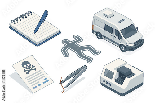 Forensic Science Tools. Isometric vector illustration set Forensic science: forensic notebook with pen, mobile forensic lab van,