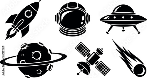 Space icons set rocket astronaut helmet ufo planet satellite comet vector illustration