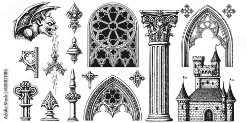 Intricate Gothic Architectural Elements Vector Set: Gargoyle, Rose Window, Arch, Column, Ornament, and Medieval Castle Details. Vintage Engraving Style Design