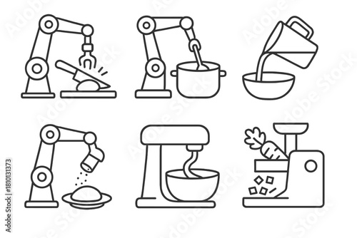 Automated Cooking Process. Line style icons of food preparation steps: robotic slicing, automated stirring, precise pouring,