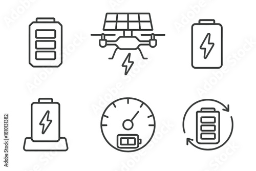 Drone Battery Icons. Line style icons of drone battery and energy systems: power cell module, solar-powered drone, emergency