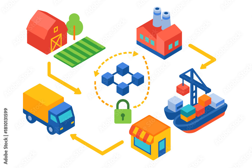 Obraz premium Ethical Shopping Icons. Isometric vector illustration set Ethical shopping – transparent supply chain map, truck icon, factory