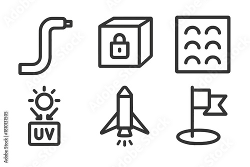High-Altitude Balloon Icons. Line style icons of High-Altitude Ballooning: balloon inflation hose, sealed payload box, foam