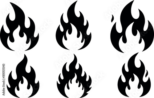 Set of six black flame icons for fire design elements vector illustration