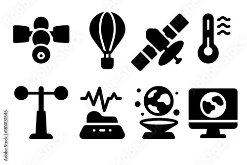 Exoplanetary Atmosphere Instruments. Solid style icons of exoplanet atmospheric tools: orbital weather drones, probe balloons,