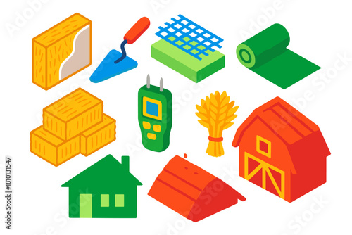 Eco Construction Elements. Isometric vector illustration set Eco construction – straw bale panel, lime plaster trowel, mesh
