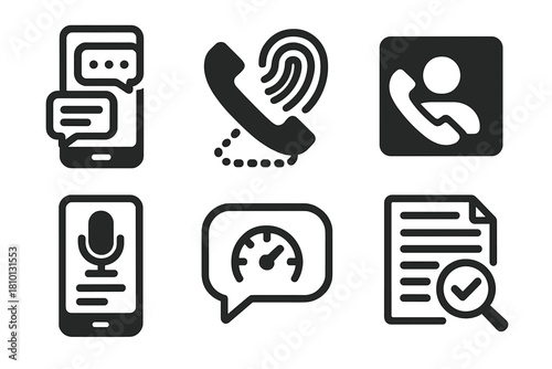 Forensic Linguistics Icons. Line style icons of Forensic Linguistics: text message log, phone conversation trace, caller ID icon,