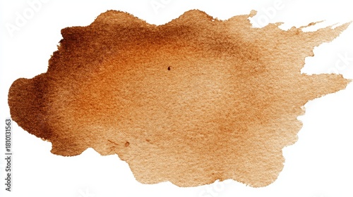 Brown watercolor paint creating an organic brush stroke on white paper, forming a textured abstract stain with soft edges and varying pigment intensity