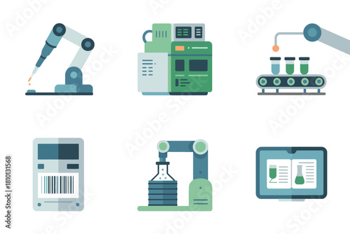 Industrial automation icons, robotic arm manipulator, lab analyzer machine, conveyor belt, barcode label, glassware experiment, control monitor vector