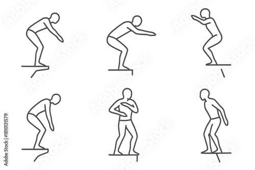 Diving Takeoff Icons. Line style icons of diving takeoff types: forward takeoff sketch, backward stance form, reverse jump motion,