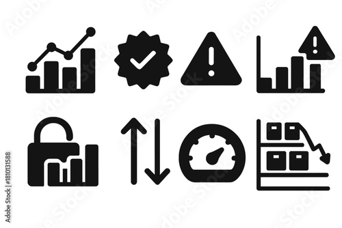 Predictive Inventory Icons. Solid style icons of predictive inventory health: inventory bar with trend overlay, healthy stock