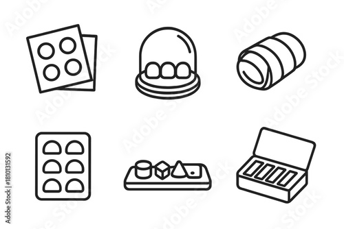 Edible Kit Icons. Line style icons of edible trial kits: flavor sampler sheets, sugar dome capsule kit, seaweed wrap bundle,