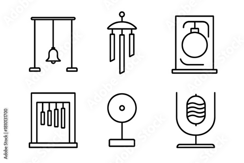 Sound Kinetic Art Icons. Line style icons of sound-integrated kinetic art: bell-tipped pendulum, chime-blade sculpture, moving