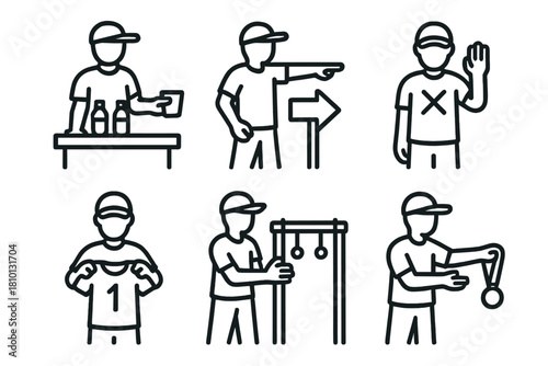 OCR Volunteer Icon Set. Line style icons of OCR volunteer roles: hydration table hand, route pointer volunteer, safety marshal,