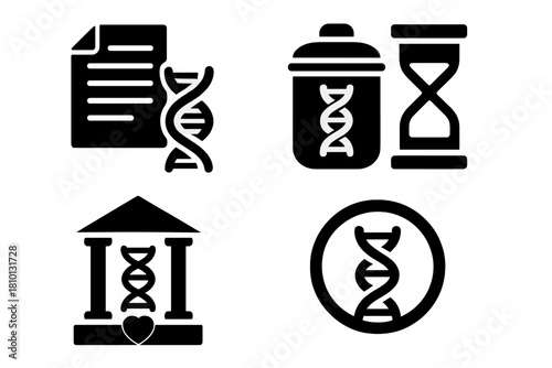 DNA Archival Icons. Solid style icons of data archival in DNA: old documents + helix, long-term storage symbol, DNA time capsule.