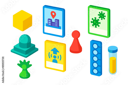 Isometric Board Game Icons. Isometric vector illustration set Board games – disease cube, city card, infection card; research