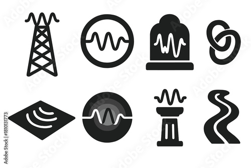 Sound Installation Icons. Solid style icons of sound and vibration installations: frequency mesh tower, audio quantum loop,