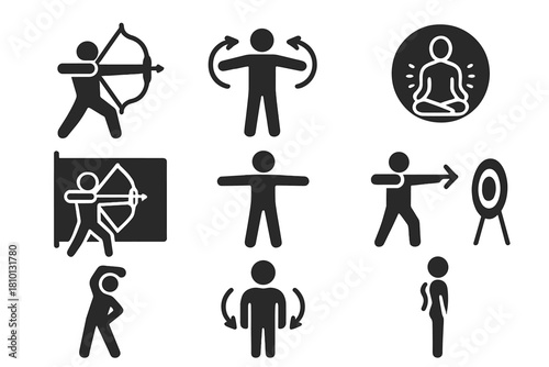 Warm-Up Exercise Icons. Solid style icons of warm-up and preparation: stretching archer icon, arm circles loop, breathing prep