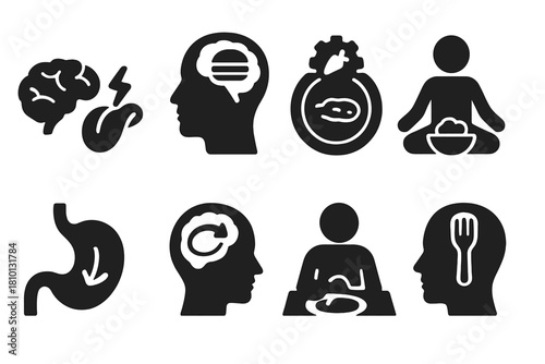 Mindful Eating Icons. Solid style icons of mind-over-mouth challenges: brain vs tongue icon, thought-controlled snack,