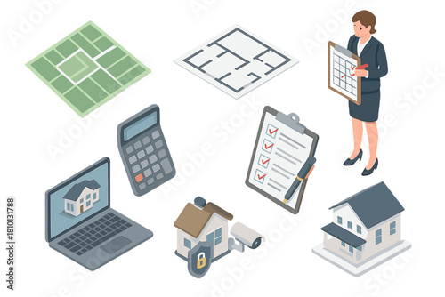 Isometric Real Estate Set. Isometric vector illustration set of Real Estate: land parcel map, building layout plan, agent marking