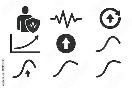 Hormetic Stress Symbols. Solid style icons of hormetic stress training: body with pulse shield, stress wave icon, adaptive