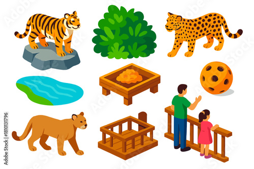 Vibrant Zoo Animal Icons. Isometric vector illustration set Zoo animals – tiger, jaguar, cougar; rocky ledge, dense foliage, water