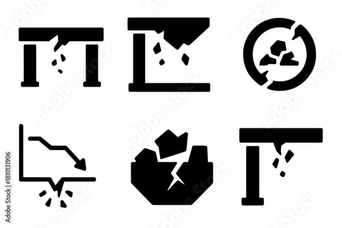 Structural Collapse Icons. Solid style icons of structural collapse visuals: beam snap glyph, ceiling fall icon, rubble badge.