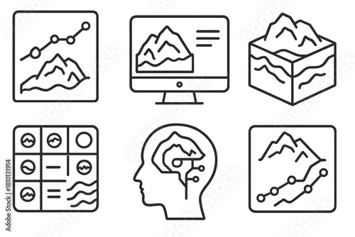 Glacier Climate Models. Line style icons of climate models using glacier data: prediction chart icon, simulation engine screen, 3D