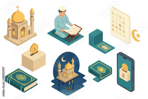 Isometric Islamic Illustrations. Isometric vector illustration set of Islamic: lantern-lit mosque, Quran reciter icon, prayer